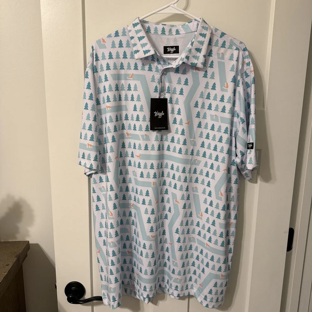 Waggle Golf Polo Men's 2XL White Green Wolf Forest Fairway AOP Performance - NWT - Picture 1 of 5